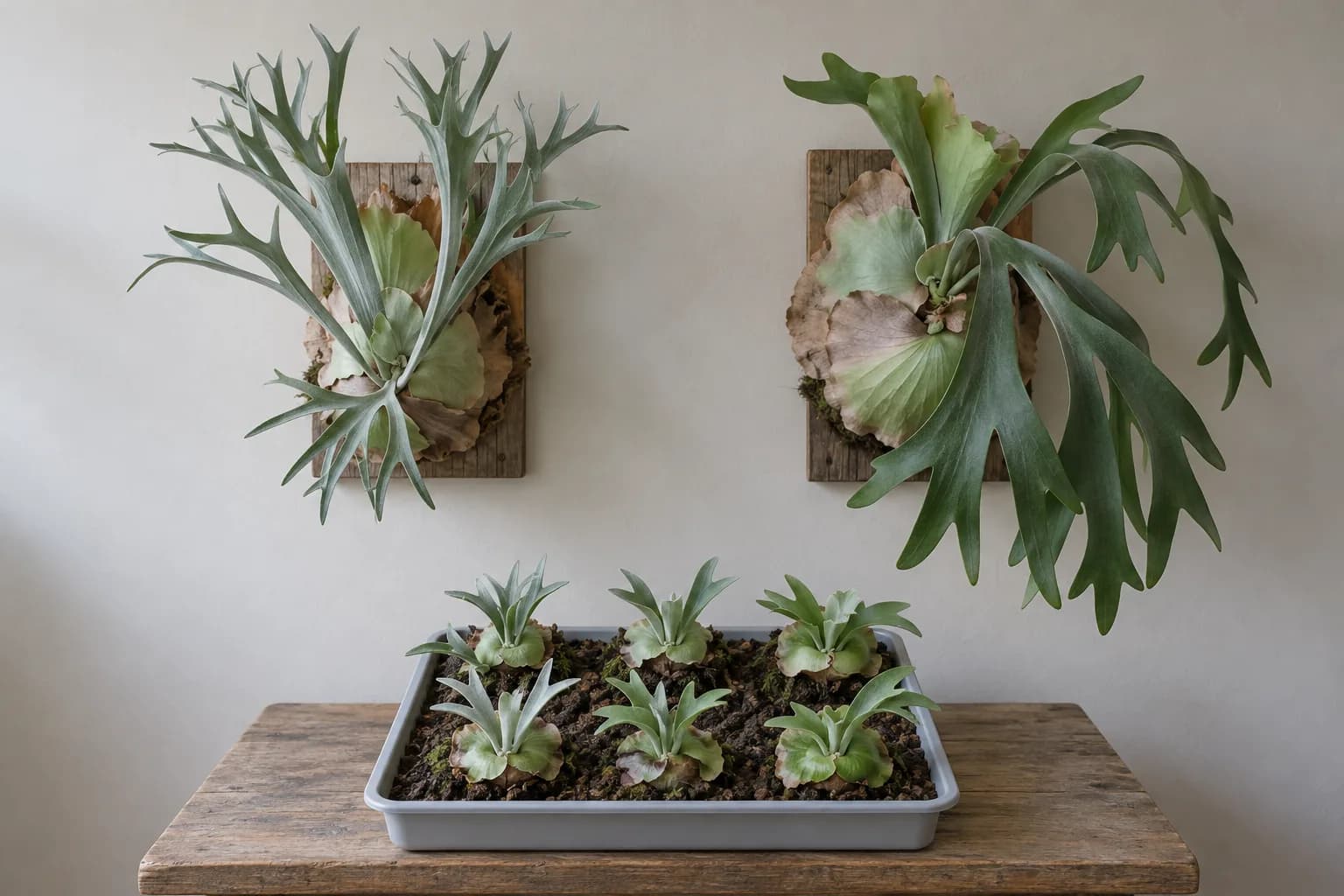 Two clearly different parent staghorn ferns hang side by side on a wall, one silvery and upright, one broad and drooping, with a tray of six young offspring below.