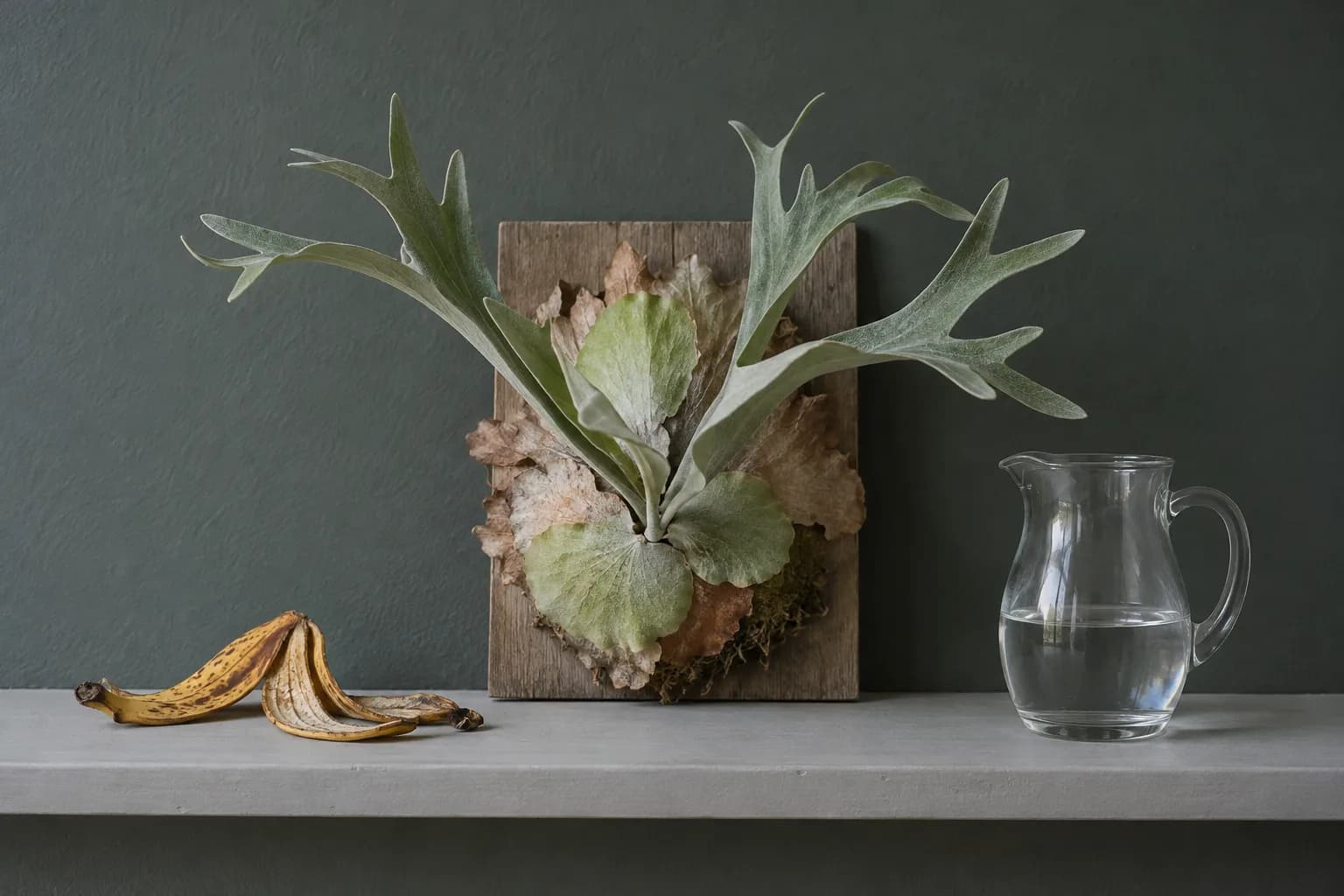 A mounted staghorn fern on a shelf, an old banana peel on its left and a clear glass jug of diluted liquid on its right.