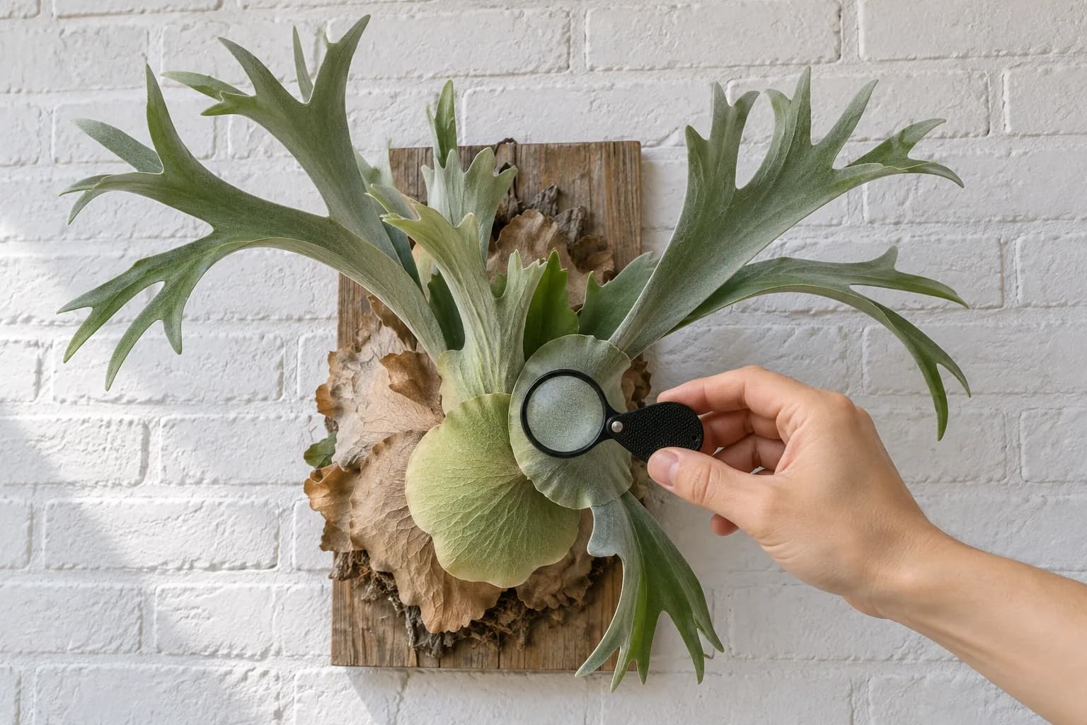 A hand holds a small folding loupe up to a mounted staghorn fern on a white brick wall, checking where the shield and fertile fronds overlap.