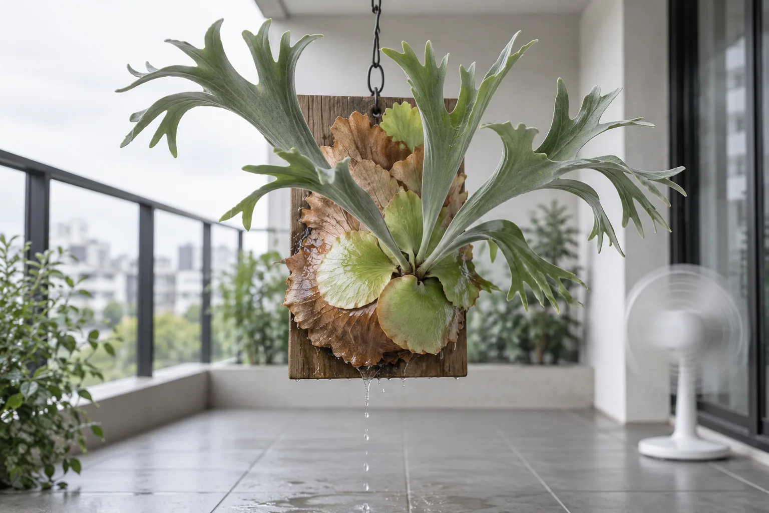 Just after a soak, a mounted staghorn fern hangs on a balcony, water dripping from the bottom of the board while a small fan blows it dry.