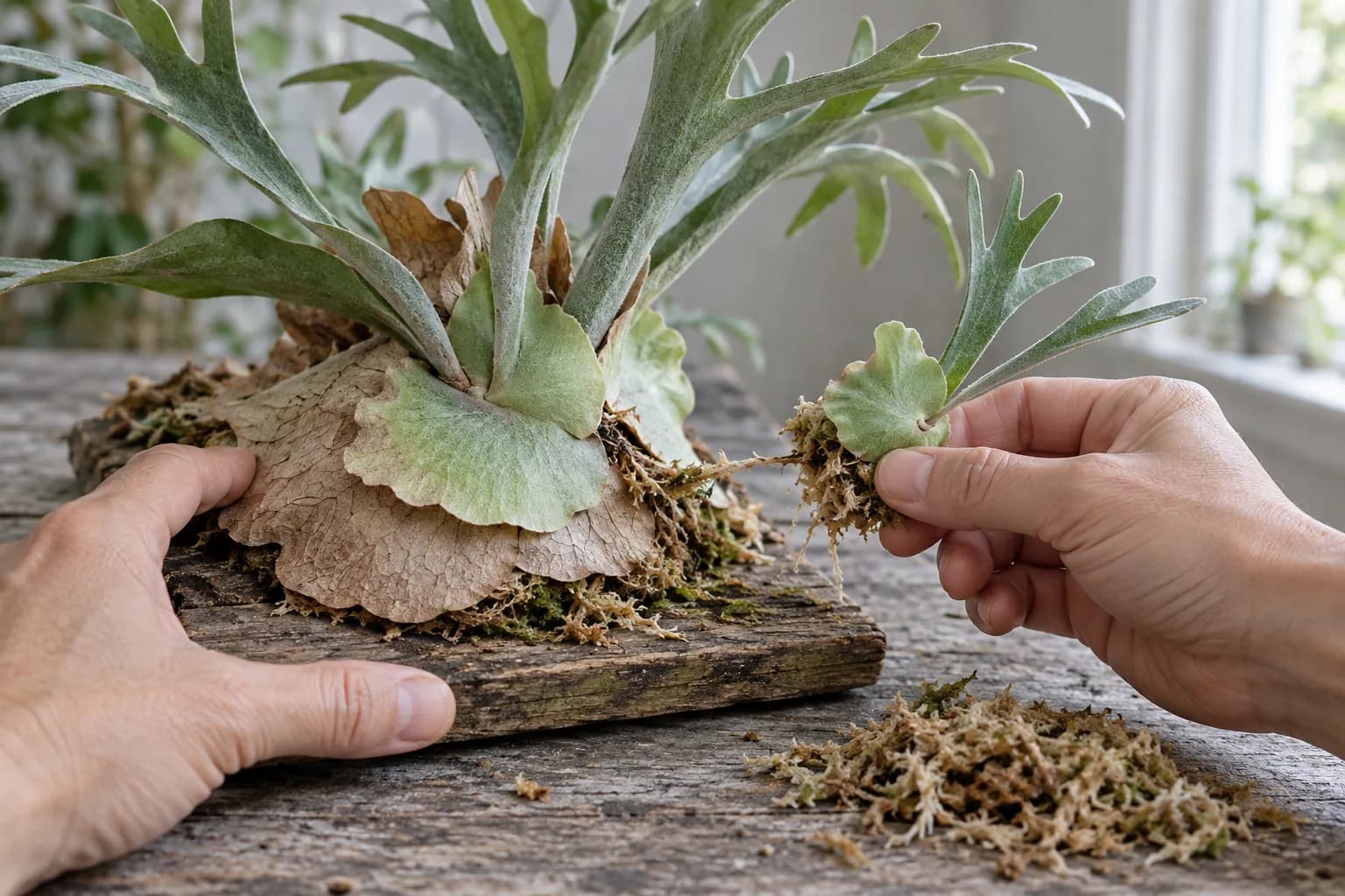 One hand steadies a mounted mother plant while the other draws a small rooted pup away from its side, a handful of sphagnum on the bench.