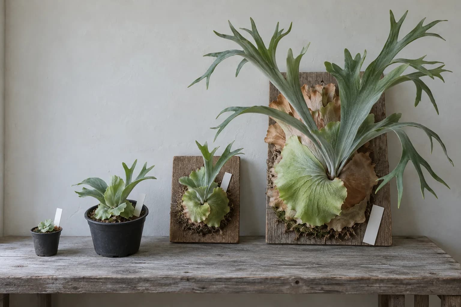 Staghorn ferns at four stages in a row on a wooden table: a tiny potted sporeling, a young potted plant, a pup on a small board and a mature plant on a large board, each with a blank tag.