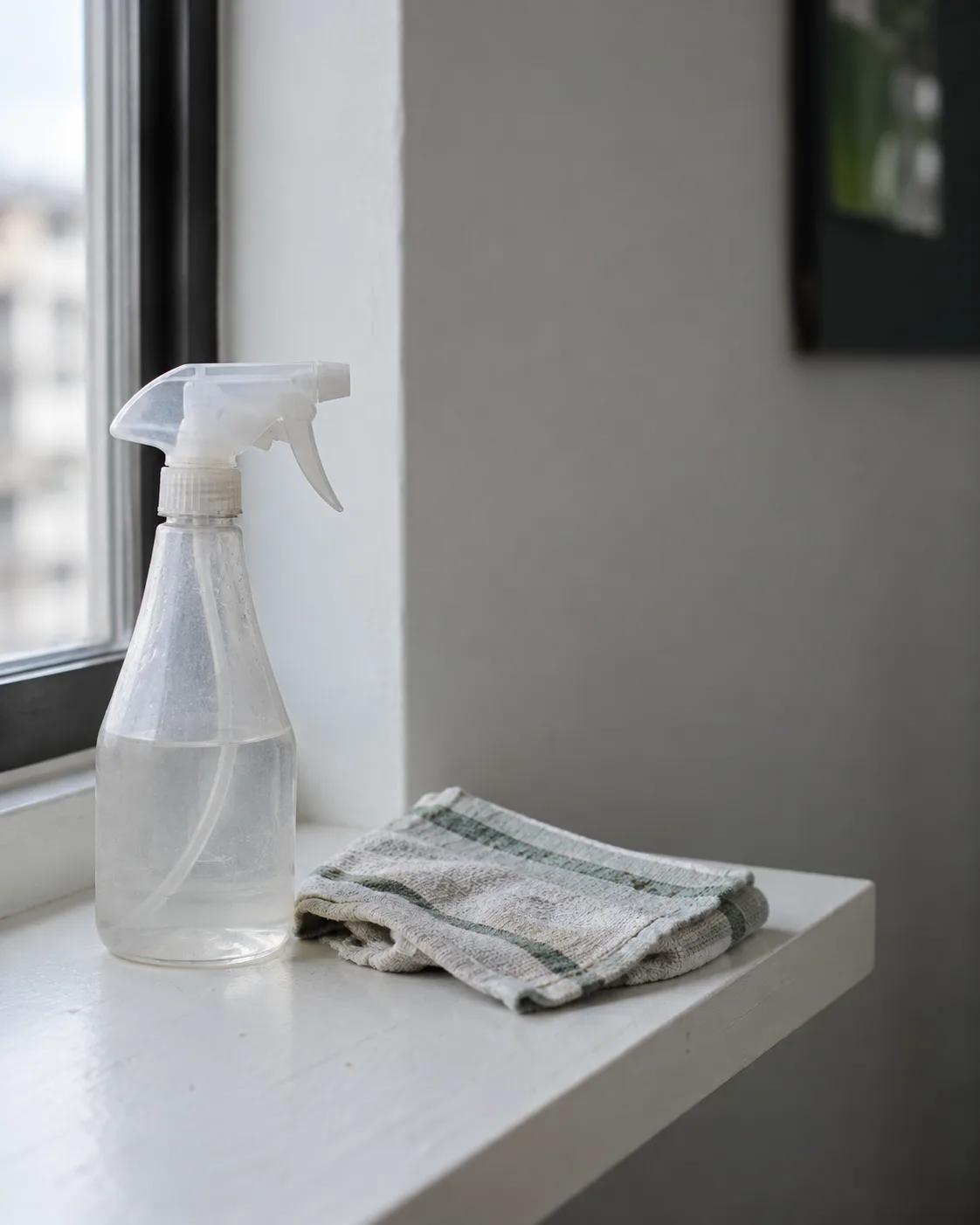 On a white window ledge in morning light, an unlabelled clear spray bottle and a folded, well-used cloth; in the top right corner a mounted plant on the wall is completely out of focus, just a green-grey blur cropped by the frame.