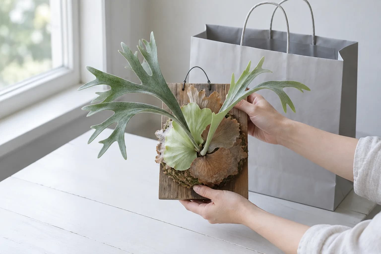 By a window, hands lift a newly bought mounted staghorn fern out of a grey paper bag onto a white table.