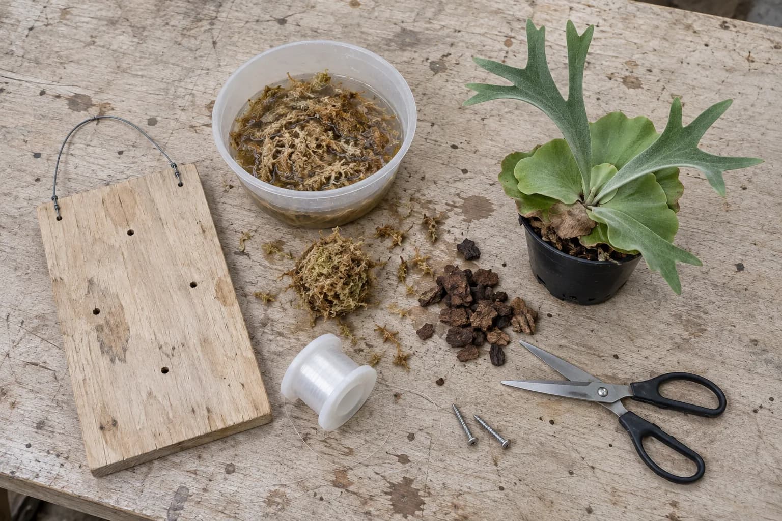 Mounting supplies laid out on a workbench: a board with a hanging wire, a bowl of soaked sphagnum, bark chips, fishing line, screws, scissors and a potted staghorn fern waiting to be mounted.