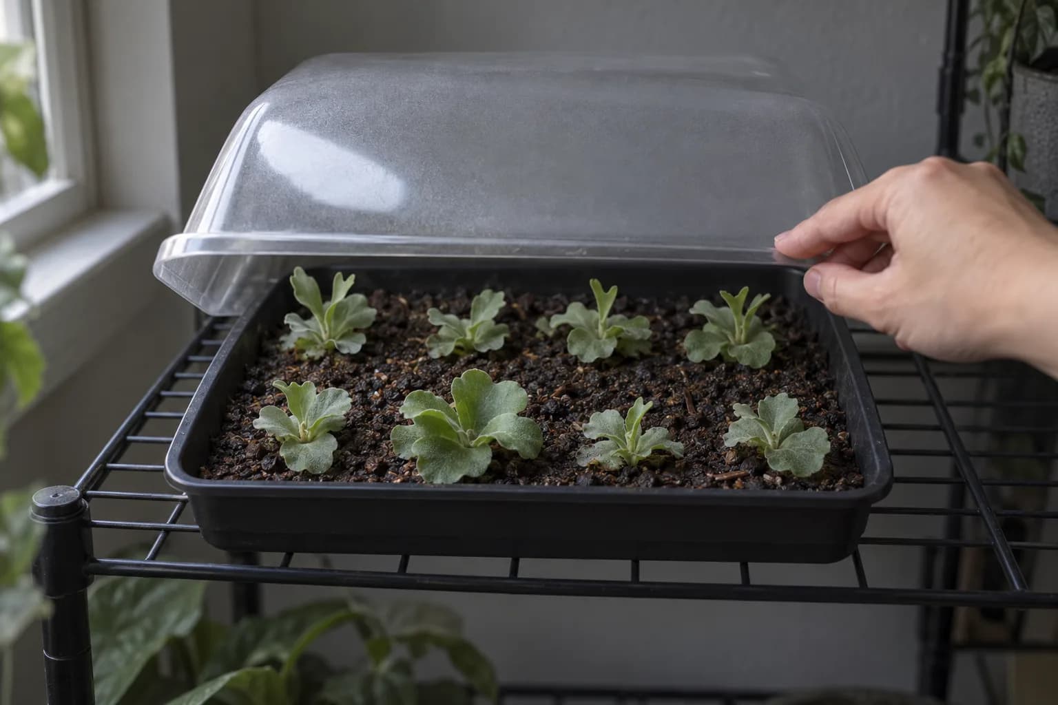 A hand lifts a humidity dome off a black tray of staghorn fern sporelings in two rows; one in the front row has noticeably thicker, larger leaves.