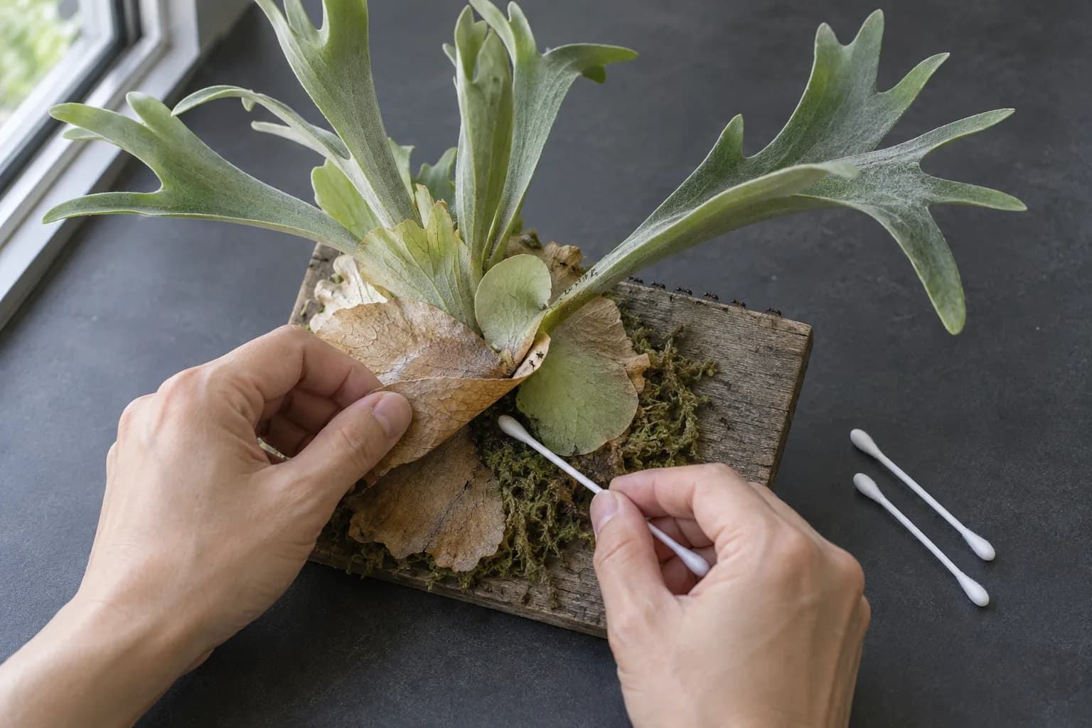 Hands lift an old brown shield frond on a mounted staghorn fern and check the gap behind it with a cotton swab, a line of tiny ants along the edge of the board.
