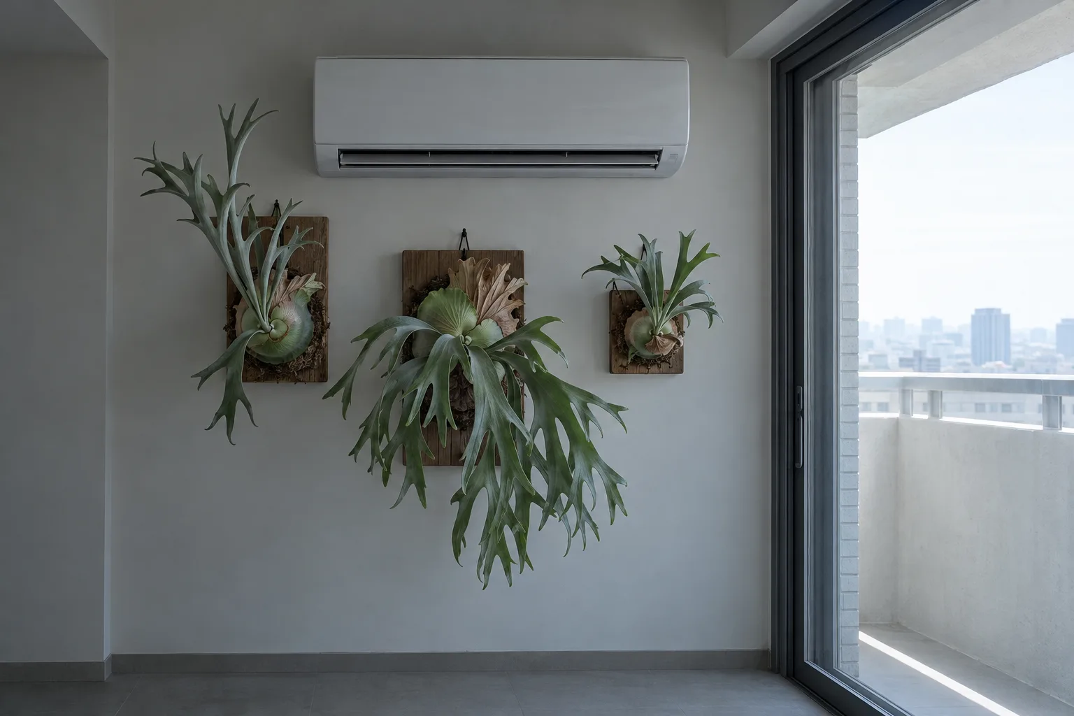 A cool air-conditioned room in summer: three different mounted staghorn ferns hang beneath a white wall air conditioner, a sun-bleached balcony beyond the glass door.