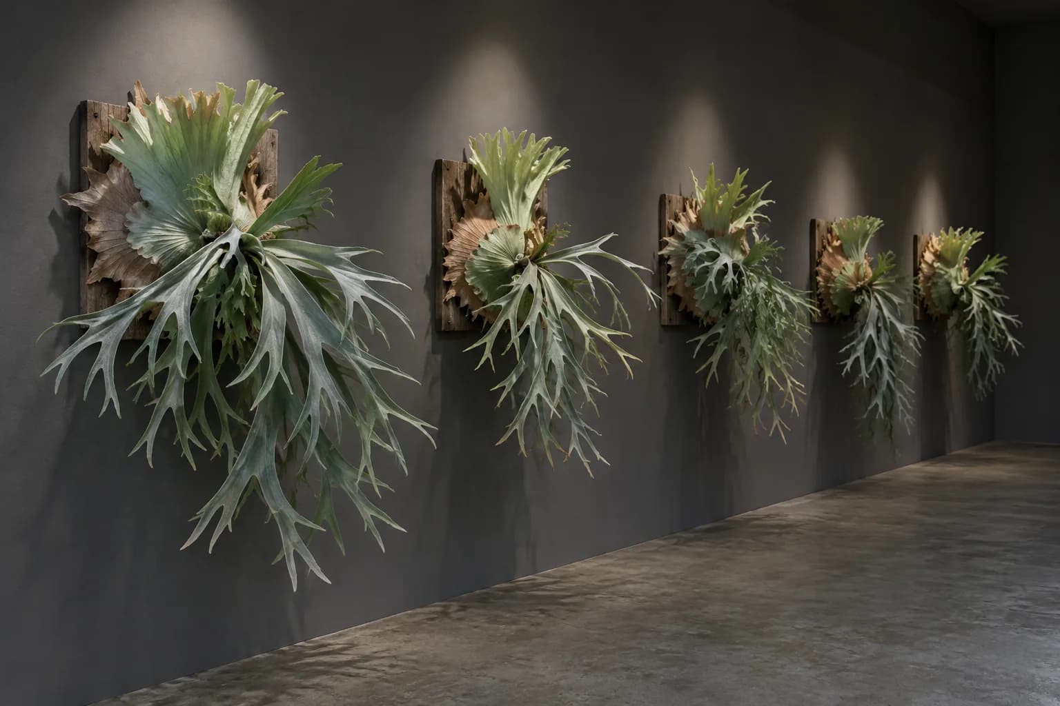 A row of large mounted staghorn ferns under spotlights along a dark grey wall, like a staghorn exhibition (illustrative, not the award venue).