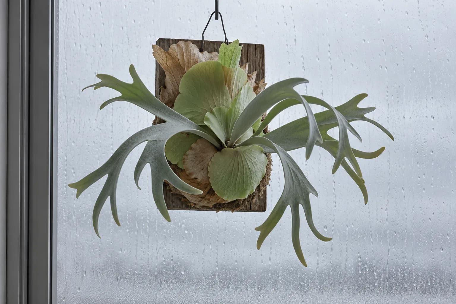 On a cold rainy day, a mounted staghorn fern brought indoors hangs in front of a rain-streaked window, a grey overcast sky outside.