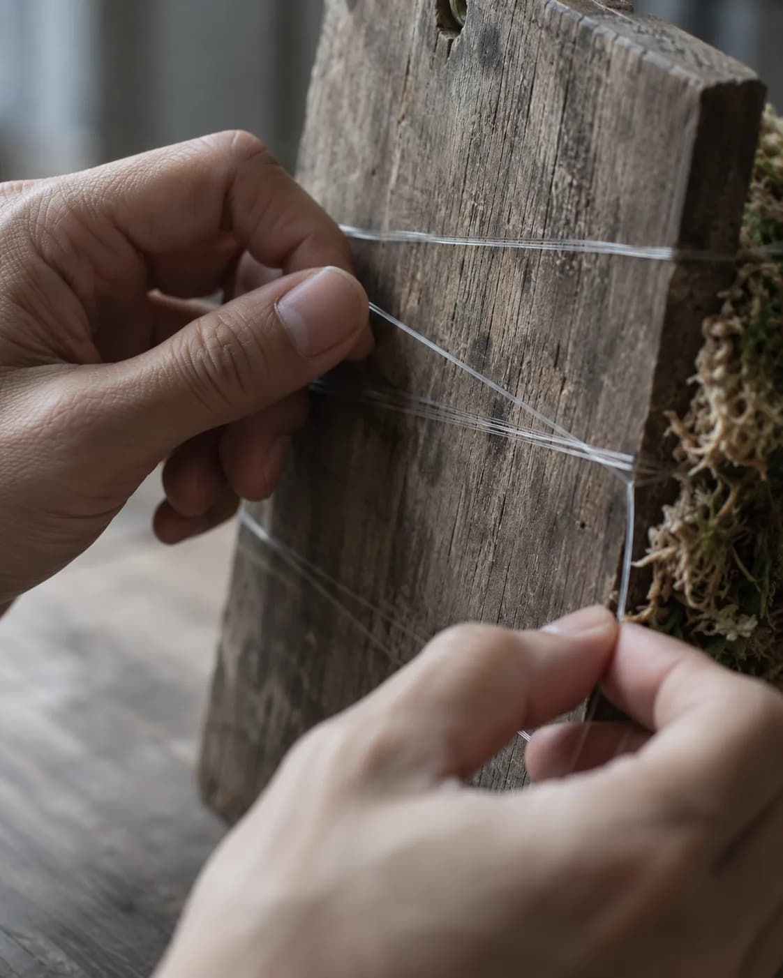 Two hands threading clear fishing line across the back of a weathered wooden board, side light raking the grain; a ragged edge of damp sphagnum shows at the right. No foliage anywhere in the frame.